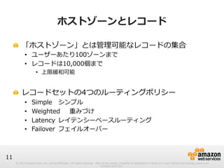 © 2012 Amazon.com, Inc. and its affiliates. All rights reserved. May not be copied, modified or distributed in whole or in part without the express consent of 
Amazon.com, Inc. 
11 
ホストゾーンとレコード 
! 「ホストゾーン」とは管理理可能なレコードの集合 
• ユーザーあたり100ゾーンまで 
• レコードは10,000個まで 
• 上限緩和可能 
! レコードセットの4つのルーティングポリシー 
• Simpleシンプル 
• Weighted重みづけ 
• Latencyレイテンシーベースルーティング 
• Failoverフェイルオーバー 
 