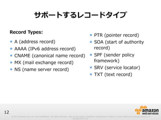 © 2012 Amazon.com, Inc. and its affiliates. All rights reserved. May not be copied, modified or distributed in whole or in part without the express consent of 
Amazon.com, Inc. 
12 
サポートするレコードタイプ 
Record Types: 
 
! A (address record) 
! AAAA (IPv6 address record) 
! CNAME (canonical name record) 
! MX (mail exchange record) 
! NS (name server record) 
 
 
! PTR (pointer record) 
! SOA (start of authority 
record) 
! SPF (sender policy 
framework) 
! SRV (service locator) 
! TXT (text record) 
 