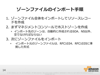 © 2012 Amazon.com, Inc. and its affiliates. All rights reserved. May not be copied, modified or distributed in whole or in part without the express consent of 
Amazon.com, Inc. 
14 
ゾーンファイルのインポート⼿手順 
1. ゾーンファイル全体をインポートしてリソースレコー 
ドを作成 
2. まずマネジメントコンソールでホストゾーンを作成 
• インポート先のゾーンは、⾃自動的に作成されるSOA、NS以外、 
空でなければならない 
3. 次にゾーンファイルをインポート 
• インポート元のゾーンファイルは、RFC1034、RFC1035に準 
拠した形式 
 