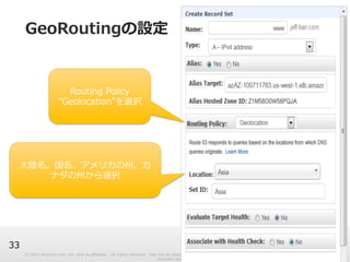 © 2012 Amazon.com, Inc. and its affiliates. All rights reserved. May not be copied, modified or distributed in whole or in part without the express consent of 
Amazon.com, Inc. 
33 
GeoRoutingの設定 
Routing Policy 
”Geolocation”を選択 
⼤大陸陸名、国名、アメリカの州、カ 
ナダの州から選択 
 