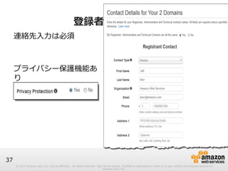 © 2012 Amazon.com, Inc. and its affiliates. All rights reserved. May not be copied, modified or distributed in whole or in part without the express consent of 
Amazon.com, Inc. 
37 
登録者の情報⼊入⼒力力 
連絡先⼊入⼒力力は必須 
 
プライバシー保護機能あ 
り 
 
