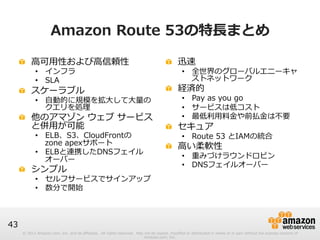 © 2012 Amazon.com, Inc. and its affiliates. All rights reserved. May not be copied, modified or distributed in whole or in part without the express consent of 
Amazon.com, Inc. 
43 
Amazon Route 53の特⻑⾧長まとめ 
! ⾼高可⽤用性および⾼高信頼性 
• インフラ 
• SLA 
! スケーラブル 
• ⾃自動的に規模を拡⼤大して⼤大量量の 
クエリを処理理 
! 他のアマゾン ウェブ サービス 
と併⽤用が可能 
• ELB、S3、CloudFrontの 
zone apexサポート 
• ELBと連携したDNSフェイル 
オーバー 
! シンプル 
• セルフサービスでサインアップ 
• 数分で開始 
! 迅速 
• 全世界のグローバルエニーキャ 
ストネットワーク 
! 経済的 
• Pay as you go 
• サービスは低コスト 
• 最低利利⽤用料料⾦金金や前払⾦金金は不不要 
! セキュア 
• Route 53 とIAMの統合 
! ⾼高い柔軟性 
• 重みづけラウンドロビン 
• DNSフェイルオーバー 
 