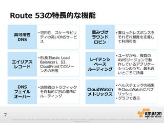© 2012 Amazon.com, Inc. and its affiliates. All rights reserved. May not be copied, modified or distributed in whole or in part without the express consent of 
Amazon.com, Inc. 
7 
Route 53の特⻑⾧長的な機能 
7 
⾼高可⽤用性 
DNS 
エイリアス 
レコード 
DNS 
フェイル 
オーバー 
重みづけ 
ラウンド 
ロビン 
レイテンシ 
ベース 
ルーティング 
CloudWatch 
メトリックス 
• 可⽤用性、スケーラビリ 
ティの⾼高いDNSサービ 
ス 
• ELB(Elastic Load 
Balancer)、S3、 
CloudFrontでのゾー 
ン名の利利⽤用 
• 訪問者のトラフィック 
を⾃自動的に別の場所に 
ルーティング 
• 異異なったレスポンスを 
それぞれ頻度度を定義し 
て利利⽤用可能 
• ユーザから、複数の 
AWSリージョンで動 
作しているアプリケー 
ションのうち、最も近 
いところに誘導 
• ヘルスチェックの結果 
をCloudWatchにパブ 
リッシュ 
• グラフで表⽰示 
 