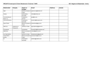 PROJETO Construção do Centro Residencial e Comercial - CERC ISH - Registro de Stakeholder - Online 
Stakeholder Posição Papel no 
Projeto 
Email Telefone Celular 
Agda Membro da Equipe de 
Projeto 
agdaveronica@hotmail.com 
Clientes Modificações e 
Aprovação 
clientes@clientes.com 
Concessionárias de 
Água e Luz 
Prestação de 
Serviços 
agua@luz.com 
Corpo de Bombeiros Fiscalização e 
Aprovação 
bombeiros@bombeiros.com 
Daniel Oliveira Membro da Equipe de 
Projeto 
dalvesoliveira@gmail.com 
Diego Lag Engenheiro de 
Planejamento 
Gerente do Projeto lage.engenharia@gmail.com 
Fornecedores Fornecimento fornecedores@fornecedores.com 
Isabel Silva Membro da Equipe de 
Projeto 
silvazaz@yahoo.com.br 
Luiz Felipe Martins Sponsor do Projeto luizfelipesistemas@gmail.com 
Tamara Marine 
Membro da Equipe de 
tamaramarine@gmail.com 
Almeida 
Projeto 
Zé Fiscalização e 
Aprovação 
prefeitura@prefeitura.com 
 