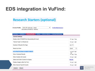 Lean Task Force
Research Starters (optional)
Research Starters
EDS integration in VuFind:
 