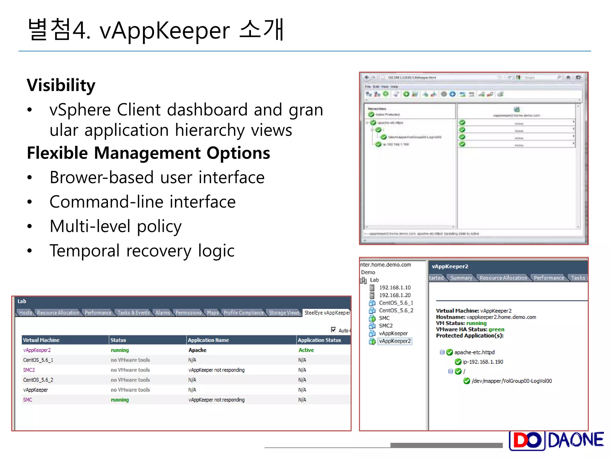 별첨4. vAppKeeper 소개 
Visibility 
• vSphere Client dashboard and gran 
ular application hierarchy views 
Flexible Management Options 
• Brower-based user interface 
• Command-line interface 
• Multi-level policy 
• Temporal recovery logic 
 