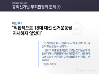 재판부 : 
“직접적으로 18대 대선 선거운동을 
지시하지 않았다” 
국정원 대선개입 사건 공직선거법 무죄판결의 문제 ① 
“선거운동을 피고인들이 지시한 것은 아닌지 의심이 드는 것은 사실이다… 
… 검사가 제출한 증거들만으로는 선거운동에 해당한다거나, 직원들에게 선거운동의 지시를 하여 그에 따라 선거운동이 이루어졌음을 인정하기 부족하다” 
(판결문 185쪽)  