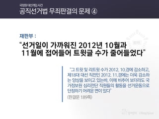 재판부 : 
“선거일이 가까워진 2012년 10월과 
11월에 접어들어 트윗글 수가 줄어들었다” 
“그 트윗 및 리트윗 수가 2012. 10.경에 감소하고, 제18대 대선 직전인 2012. 11.경에는 더욱 감소하는 양상을 보이고 있는바, 이에 비추어 보더라도 국가정보원 심리전단 직원들의 활동을 선거운동으로 단정하기 어려운 면이 있다” 
(판결문 189쪽) 
국정원 대선개입 사건 공직선거법 무죄판결의 문제 ④  