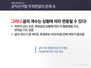 그러나 글의 개수는 상황에 따라 변동될 수 있다! 
외부의 감시 수준, 목표달성 상황에 따라 더 활발해질 수도, 반대일 수도 있음 
글의 개수가 몇 개이든 특정후보 지지/비방 반복 여부가 중요함 
글의 개수 변동만으로 선거개입 
의도를 판단하는 것은 부당 
국정원 대선개입 사건 공직선거법 무죄판결의 문제 ④  