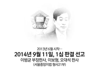 2013년 6월 시작… 
2014년 9월 11일, 1심 판결 선고 
이범균 부장판사, 이보형, 오대석 판사 
(서울중앙지법 형사21부)  