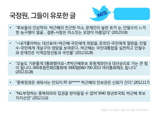 국정원, 그들이 유포한 글 
(검찰의 공소장에 소개된 선거개입 사례 중에서) 
•“후보들의 인상착의- 박근혜의 친근한 미소, 문재인의 놀란 토끼 눈, 안철수의 느끼한 능구랭이 얼굴… 결론-사람은 미소짓는 모양이 아름답다.” (2012.9.18) 
•“<내가좋아하는 대선표어>박근혜-국민에게 희망을, 문죄인-국민에게 절망을, 안철수-국민에게 개살구의 엉망을 보여준다…박근혜는 국민대통합을 실천하고 안철수와 문재인은 지역감정선동과 국민불” (2012.10.28) 
•“오늘도 기분좋게 5통화했어요~♬박근혜후보 후원계좌안내 대선승리로 가는 큰 힘이 됩니다. ARS후원전화(1통화에 3000원)060-700-2013 여러통화해도 됩니다.” (2012.10.28) 
•“종북정권은 세워서는 안되지 RT @* 박근혜의 안보관은 신뢰가 간다.” (2012.11.7) 
•"NLL부정하는 종북좌파의 집권을 받아들일 수 없어"3040 청년호국회, 박근혜 후보 지지선언” (2012.11.6)  