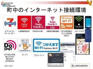 町中のインターネット接続環境 
セブンイレブン 
イトーヨーカドー 
心斎橋筋商店街大阪府内の駅大阪府内の観光施設のぞみ停車駅の 
コンコース待合室 
改札口 
スターバックス 
NTT西日本営 
業エリア内の 
観光地や 
街の商店街 
ローソンファミリーマート 
2014.10.25 By safewebkids 
 