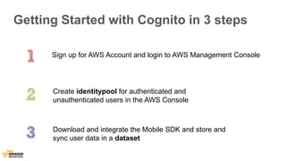 Getting Started with Cognito in 3 steps 
Sign up for AWS Account and login to AWS Management Console 
Create identitypool for authenticated and 
unauthenticated users in the AWS Console 
Download and integrate the Mobile SDK and store and 
sync user data in a dataset 
 
