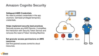 Amazon Cognito Security 
Safeguard AWS Credentials 
No need to embed credentials in the app 
anymore. Get least-privileged temporary 
credentials. 
Helps implement security best practices 
Securely access any AWS Service. It simplifies 
the interaction with Security Token Service and 
removes the need of Token Vending Machine 
Set granular access permissions on AWS 
resources 
Get fine-grained access control to cloud 
resources. 
EC2 S3 DynamoDB Kinesis 
 
