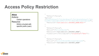 Access Policy Restriction 
{ 
"Effect":"Allow”, 
"Action” 
["s3:PutObject","s3:GetObject","s3:DeleteObject”,”s3: 
ListMultipartUploadParts","s3:AbortMultipartUpload"], 
"Resource":"arn:aws:s3:::BUCKET_NAME/Bob/*" 
} 
{ 
"Effect":"Allow", 
"Action":"s3:ListBucket", 
"Resource":"arn:aws:s3:::BUCKET_NAME", 
"Condition":{"StringLike":{"s3:prefix":”Bob/"}} 
} 
{ 
"Effect":"Allow", 
"Action":["s3:ListBucketMultipartUploads"], 
"Resource":"arn:aws:s3:::BUCKET_NAME" 
} 
Allow 
Actions: 
Certain operations 
Resource: 
Within a bucket with 
specific prefix (user) 
 