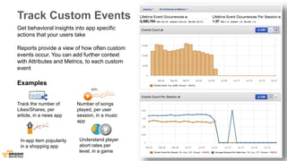 Track Custom Events 
Get behavioral insights into app specific 
actions that your users take 
Reports provide a view of how often custom 
events occur. You can add further context 
with Attributes and Metrics, to each custom 
event 
Examples 
Track the number of 
Likes/Shares, per 
article, in a news app 
Number of songs 
played, per user 
session, in a music 
app 
Understand player 
abort rates per 
level, in a game 
In-app item popularity 
in a shopping app 
 