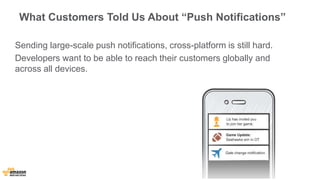 What Customers Told Us About “Push Notifications” 
Sending large-scale push notifications, cross-platform is still hard. 
Developers want to be able to reach their customers globally and 
across all devices. 
 