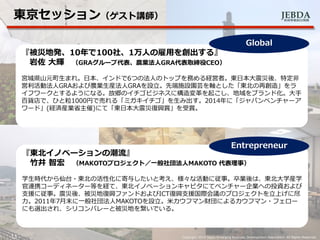 JEBDA新興事業創出機構
11 Copyright 2014 Japan Emarging Business Development Association. All Rights Reserved.
東京セッション（ゲスト講師）
『被災地発、10年で100社、1万人の雇用を創出する』
岩佐 大輝 （GRAグループ代表、農業法人GRA代表取締役CEO）
宮城県山元町生まれ。日本、インドで6つの法人のトップを務める経営者。東日本大震災後、特定非
営利活動法人GRAおよび農業生産法人GRAを設立。先端施設園芸を軸とした「東北の再創造」をラ
イフワークとするようになる。故郷のイチゴビジネスに構造変革を起こし、地域をブランド化。大手
百貨店で、ひと粒1000円で売れる「ミガキイチゴ」を生み出す。2014年に「ジャパンベンチャーア
ワード」(経済産業省主催)にて「東日本大震災復興賞」を受賞。
Global
『東北イノベーションの潮流』
竹井 智宏 （MAKOTOプロジェクト／一般社団法人MAKOTO 代表理事）
学生時代から仙台・東北の活性化に寄与したいと考え、様々な活動に従事。卒業後は、東北大学産学
官連携コーディネーター等を経て、東北イノベーションキャピタにてベンチャー企業への投資および
支援に従事。震災後、被災地復興ファンドおよびICT復興支援国際会議のプロジェクトを立上げに尽
力。2011年7月末に一般社団法人MAKOTOを設立。米カウフマン財団によるカウフマン・フェロー
にも選出され、シリコンバレーと被災地を繋いでいる。
Entrepreneur
 