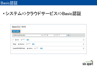 Basic認証でできること 
• 公開しているウェブサイト・ブログに対して 
Basic認証の設定ができます 
• ファイルに対しても設定できます 
• 複数設定が可能です 
 
