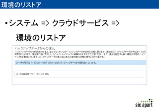 環境のリストアでできること 
•MTクラウドおよび公開済みのWebサイトの 
データをすべて任意の時点の状態に戻す 
機能 
 