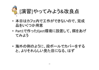 [₇⩦]䜔䛳䛶䜏䜘䛖ᨵⰋⅬ 
• ᮏ᪥䛿䜹䝣䜵ෆ䛷ᕤస䛜䛷䛝䛺䛔䛾䛷䚸᏶ᡂ 
ရ䜢䛔䛟䛴䛛⏝ព 
• Part1䛷స䛳䛯Eject⎔ቃ䛻タ⨨䛧䛶䚸㣵䜢䛒䛢 
䛶䜏䜘䛖 
• ᾏእ䛾౛䛾䜘䛖䛻䚸ẁ䝪䞊䝹䛷䜹䝞䞊䜢䛩䜛 
䛸䚸䜘䜚䛭䜜䜙䛧䛔ぢ䛯┠䛻䛺䜛䚸䛿䛪 
㻞㻢 
 