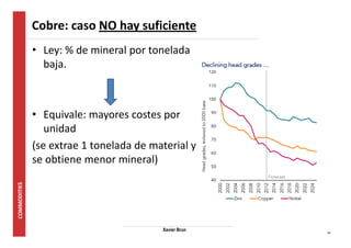 16 
Cobre: caso NO hay suficiente 
• Ley: % de mineral por tonelada 
baja. 
• Equivale: mayores costes por 
unidad 
(se extrae 1 tonelada de material y 
se obtiene menor mineral) 
Xavier Brun 
 