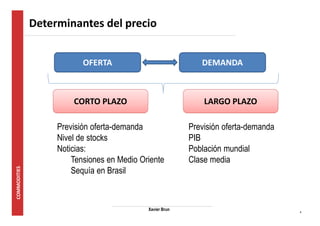 4 
Determinantes del precio 
OFERTA DEMANDA 
CORTO PLAZO LARGO PLAZO 
Xavier Brun 
Previsión oferta-demanda 
Nivel de stocks 
Noticias: 
Tensiones en Medio Oriente 
Sequía en Brasil 
Previsión oferta-demanda 
PIB 
Población mundial 
Clase media 
 