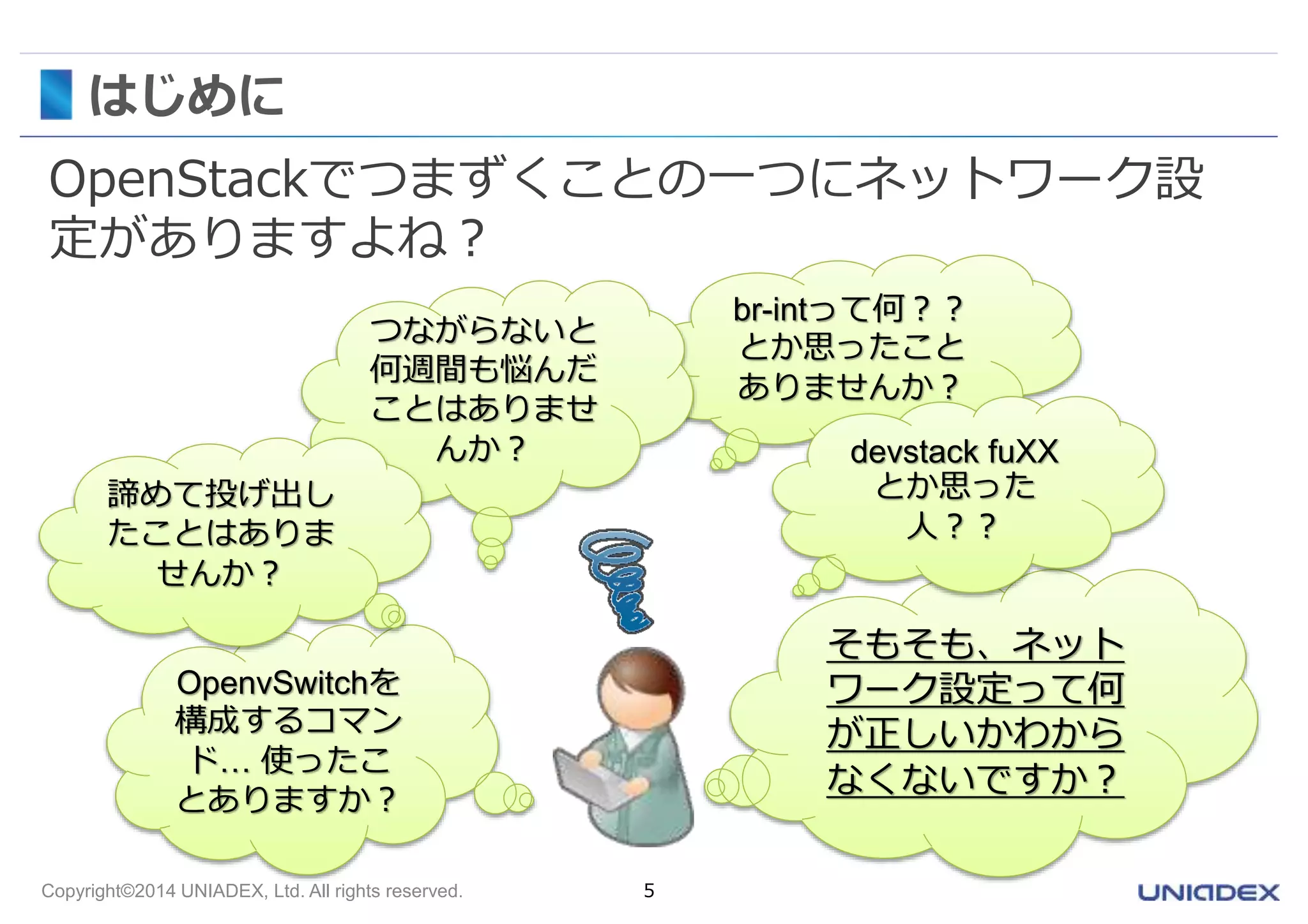 はじめに 
OpenStackでつまずくことの一つにネットワーク設 
定がありますよね？ 
Copyright©2014 UNIADEX, Ltd. All rights reserved. 5 
br-intって何？？ 
とか思ったこと 
ありませんか？ 
そもそも、ネット 
ワーク設定って何 
が正しいかわから 
なくないですか？ 
OpenvSwitchを 
構成するコマン 
ド… 使ったこ 
とありますか？ 
devstack fuXX 
とか思った 
人？？ 
つながらないと 
何週間も悩んだ 
ことはありませ 
んか？ 
諦めて投げ出し 
たことはありま 
せんか？ 
 