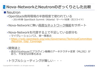 Nova-NetworkとNeutronのざっくりとした比較 
 Neutron 
›OpenStack商用環境の半数程度で使われている 
› 2014年春OpenStack Summit（Atlanta）サーベイ結果（次スライド） 
›Nova-Networkに無い高度なネットワーク機能をサポート 
›Nova-Networkを代替する上で不足している部分も 
› マイグレーションパス、単一障害点 
› https://wiki.openstack.org/wiki/Governance/TechnicalCommittee 
/Neutron_Gap_Coverage 
›開発途上 
› 直近のIcehouseでプラグイン機構のアーキテクチャ変更（ML2化）が 
あり、不安定な印象もある 
›トラブルシューティングが難しい・・・ 
Copyright©2014 UNIADEX, Ltd. All rights reserved. 10 
 