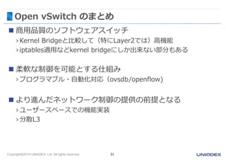 Open vSwitch のまとめ 
 商用品質のソフトウェアスイッチ 
›Kernel Bridgeと比較して（特にLayer2では）高機能 
› iptables適用などkernel bridgeにしか出来ない部分もある 
 柔軟な制御を可能とする仕組み 
› プログラマブル・自動化対応（ovsdb/openflow) 
 より進んだネットワーク制御の提供の前提となる 
› ユーザースペースでの機能実装 
› 分散L3 
Copyright©2014 UNIADEX, Ltd. All rights reserved. 31 
 