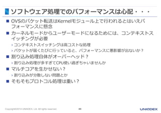 ソフトウェア処理でのパフォーマンスは心配・・・ 
 OVSのパケット転送はKernelモジュール上で行われるとはいえパ 
フォーマンスに懸念 
 カーネルモードからユーザーモードになるためには、コンテキストス 
イッチングが必要 
› コンテキストスイッチングは高コストな処理 
› パケットが届くたびに行っていると、パフォーマンスに悪影響が出ないか？ 
 割り込み処理自体がオーバーヘッド？ 
› 割り込み処理が多すぎてCPU使い過ぎちゃいませんか 
 マルチコアを生かせない？ 
› 割り込みが分散しない問題とか 
 そもそもプロトコル処理は重い？ 
Copyright©2014 UNIADEX, Ltd. All rights reserved. 44 
 