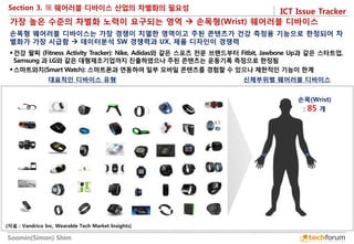 ICT Issue Tracker 
Soomin(Simon) Shim 
Section 3. 
대표적인 디바이스 유형 
신체부위별 웨어러블 디바이스 
가장 높은 수준의 차별화 노력이 요구되는 영역  손목형(Wrist) 웨어러블 디바이스 
건강 팔찌 (Fitness Activity Tracker): Nike, Adidas와 같은 스포츠 전문 브랜드부터 Fitbit, Jawbone Up과 같은 스타트업, Samsung 과 LG와 같은 대형제조기업까지 진출하였으나 주된 콘텐츠는 운동기록 측정으로 한정됨 
스마트와치(Smart Watch): 스마트폰과 연동하여 일부 모바일 콘텐츠를 경험할 수 있으나 제한적인 기능이 한계 
손목형 웨어러블 디바이스는 가장 경쟁이 치열한 영역이고 주된 콘텐츠가 건강 측정용 기능으로 한정되어 차별화가 가장 시급함  데이터분석 SW 경쟁력과 UX, 제품 디자인이 경쟁력 
손목(Wrist) 
: 85 개 
(자료 : Vandrico Inc, Wearable Tech Market Insights)  