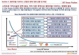 ICT Issue Tracker 
Soomin(Simon) Shim 
Section 3. 웨어러블 디바이스 산업의 현재 경쟁 상황 및 특징 
스마트폰 가치사슬의 장벽 붕괴, 각자 다른 목적으로 웨어러블 디바이스 경쟁에 돌입 
① Chip Vendor②OEM, ODM 생산업체③네트워크 표준 제정 기관④통신사⑤플랫폼 및 디바이스 제조사 ⑥서비스 솔루션 제공사⑦ 제품 유통/배급의 가치사슬에서 독자적인 BM(수익모델)을 추구하며 웨어러블 디바이스 제작에 돌입 
Mass Market에서 주요 플레이어들의 웨어러블 디바이스 산업 수익모델 비교 
(자료: 심수민-웨어러블 산업, 개성 중심의 기술·생산의 민주화 창조적 ICT 패러다임 변화 주목)  