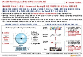 ICT Issue Tracker 
Soomin(Simon) Shim 
웨어러블 디바이스, 무형의 Networked Society를 가장 직관적으로 체감하는 기회 제공 
클라우드와 빅데이터 경쟁력이 있는 플랫폼 사업자들은 디바이스 판매를 통한 매출 확대보다 저가로 웨어러블 디바이스를 보급하고 이를 통해 수집되는 Big Data를 통한 수익창출이 목표 
 
플랫폼 사업자가 지향하는 미래 예측 컴퓨팅은 모바일·센서·클라우드 컴퓨팅·빅데이터가 핵심 4대 구성요소임 
웨어러블 디바이스는 센서를 통해 모바일 네트워크 허브와 연결되어 과거에는 수집되지 못했던 다양한 대상과 확장된 연결 범위에서의 숨겨진 데이터들을 연결해주는 기회를 제공함 
따라서 구글과 애플등 플랫폼 사업자들은 웨어러블 디바이스를 자사의 웹·콘텐츠 서비스의 사용 내역 등을 수집할 수 있는 수단으로서 활용하여 Big Data 분석,수익모델 개발 및 데이터 중계모델등을 발전시킬 계획을 실행중임 
구글의 웨어러블 디바이스를 통한 Big Data 전략 
웨어러블 디바이스가 제공하는 빅데이터 경쟁력 
(자료: Fast Company 자료 재가공, 2013) 
(자료:심수민,Eco-System관점에서 바라본 웨어러블 디바이스 시장전망) 
1. Mobile 
2. Sensor 
4. Big Data 
Wearable Device 
Platform 
비즈니스 
3. Cloud 
Computing 
The Four Megatrends Powering Predictive Computing 
Google 
Services 
Wearable 
Devices 
Wearable 
Devices 
Users 
①사용자를 항상 웹에 접속하게 하여 자사의 광고 수익 등 BM을 확장 
②Big Data 분석을 통해 웹 서비스의 정확성을 높이고, Data Brokerage로서의 규모 확장 
①음성인식, 증강현실을 이용한 Hands Free 환경을 제공하여 사용자의 웹 종속성을 높임 
②사용자의 시선, 행동, 경로 및 History 등을 스마트폰보다 더 오랫동안 자세하게 수집함 
Wearable Technology, An Entry to the new world, IOE  