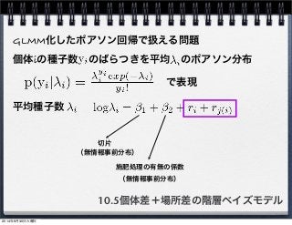 GLMM化したポアソン回帰で扱える問題 
個体iの種子数　のばらつきを平均　のポアソン分布 
で表現 
（無情報事前分布） 
10.5個体差＋場所差の階層ベイズモデル 
平均種子数 
切片 
施肥処理の有無の係数 
（無情報事前分布） 
2014年9月30日火曜日 
 