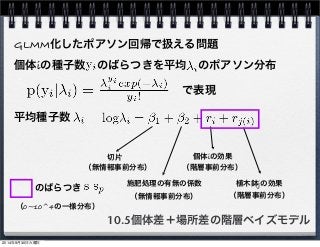 GLMM化したポアソン回帰で扱える問題 
個体iの種子数　のばらつきを平均　のポアソン分布 
で表現 
個体iの効果 
（階層事前分布） 
（階層事前分布） のばらつき 
10.5個体差＋場所差の階層ベイズモデル 
平均種子数 
切片 
施肥処理の有無の係数 
植木鉢jの効果 
（無情報事前分布） 
（無情報事前分布） 
（0~10^4の一様分布） 
2014年9月30日火曜日 
 