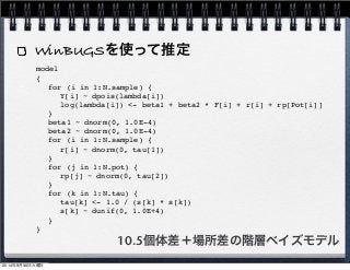 WinBUGSを使って推定 
model 
{ 
! for (i in 1:N.sample) { 
! ! Y[i] ~ dpois(lambda[i]) 
! ! log(lambda[i]) <- beta1 + beta2 * F[i] + r[i] + rp[Pot[i]] 
! } 
! beta1 ~ dnorm(0, 1.0E-4) 
! beta2 ~ dnorm(0, 1.0E-4) 
! for (i in 1:N.sample) { 
! ! r[i] ~ dnorm(0, tau[1]) 
! } 
! for (j in 1:N.pot) { 
! ! rp[j] ~ dnorm(0, tau[2]) 
! } 
! for (k in 1:N.tau) { 
! ! tau[k] <- 1.0 / (s[k] * s[k]) 
! ! s[k] ~ dunif(0, 1.0E+4) 
! } 
} 
10.5個体差＋場所差の階層ベイズモデル 
2014年9月30日火曜日 
 