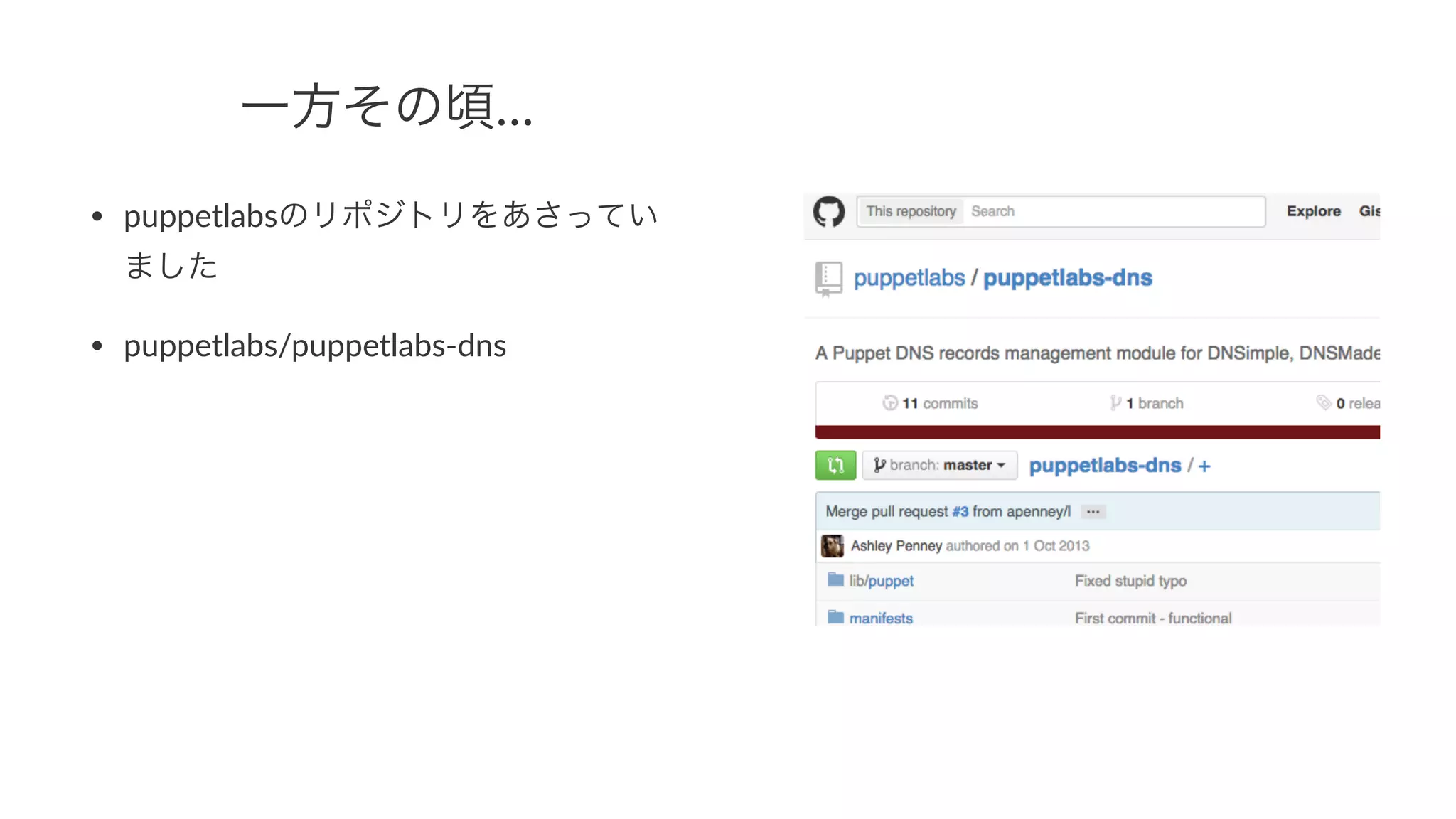 一方その頃… 
• puppetlabsのリポジトリをあさってい 
ました 
• puppetlabs/puppetlabs+dns 
 