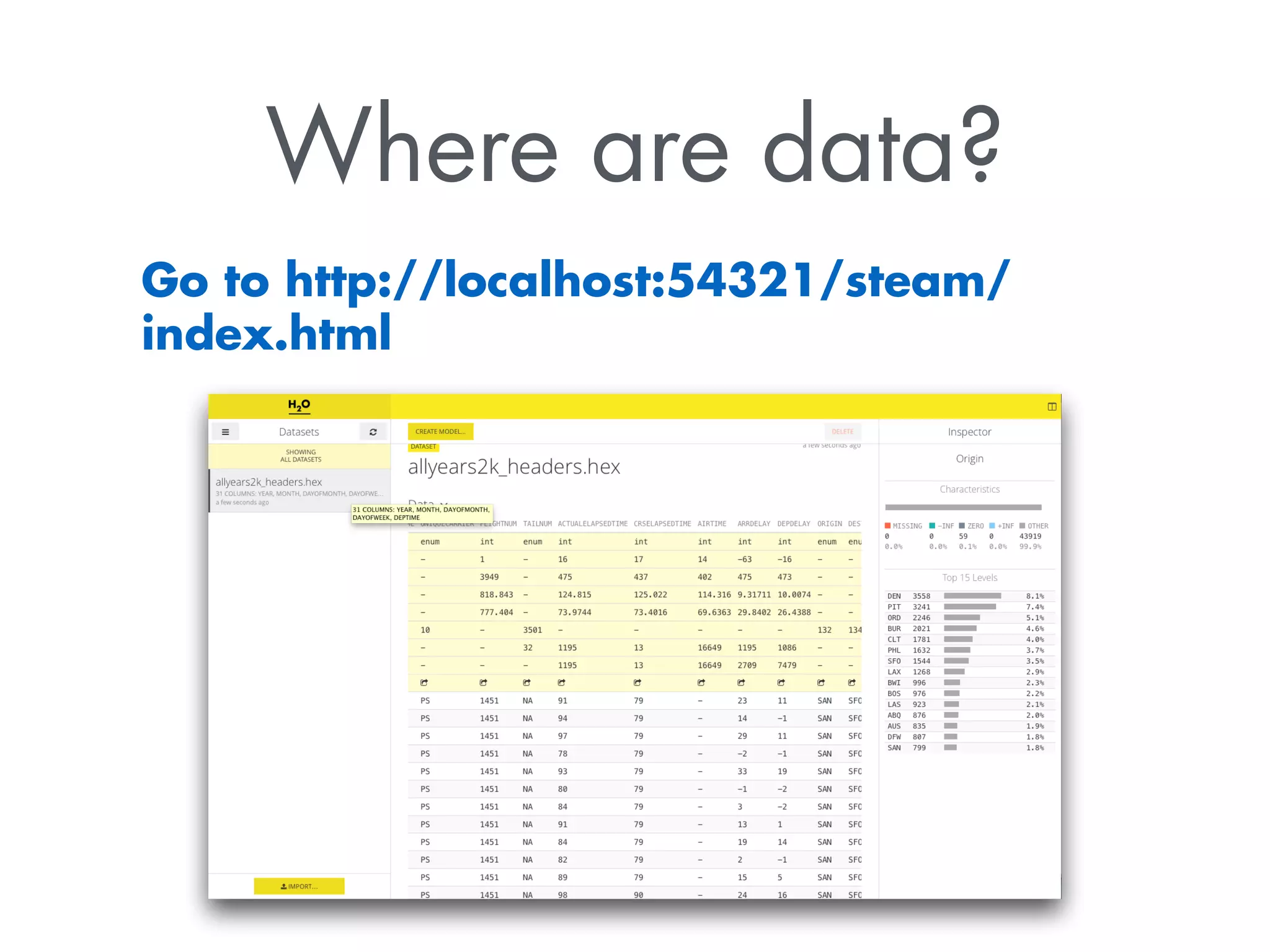 Where are data? 
Go to http://localhost:54321/steam/ 
index.html 
 