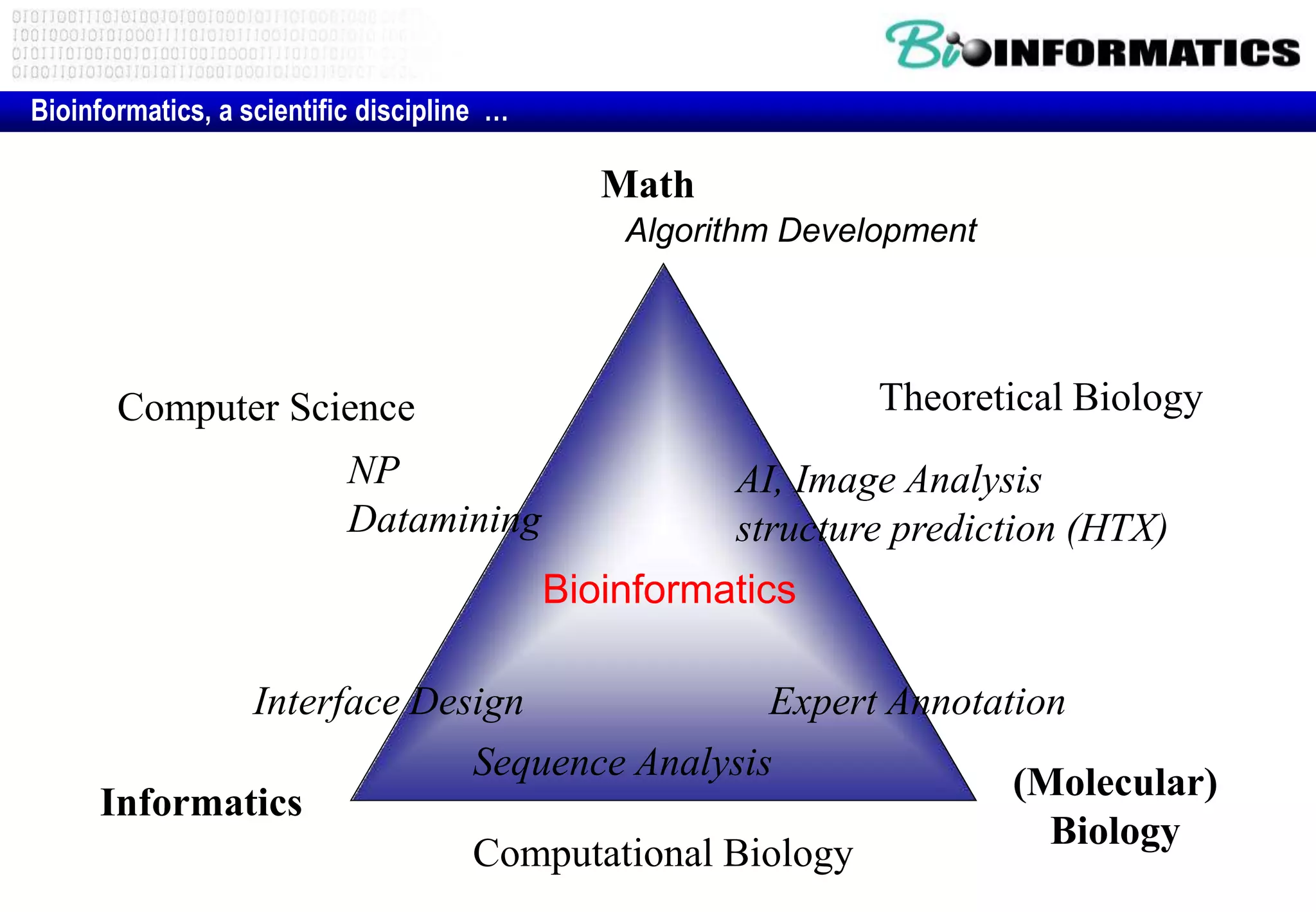 Math 
Algorithm Development 
Bioinformatics, a scientific discipline … 
Interface Design 
Informatics 
Theoretical Biology 
AI, Image Analysis 
structure prediction (HTX) 
Expert Annotation 
Sequence Analysis 
Computational Biology 
(Molecular) 
Biology 
Computer Science 
NP 
Datamining 
Bioinformatics 
 