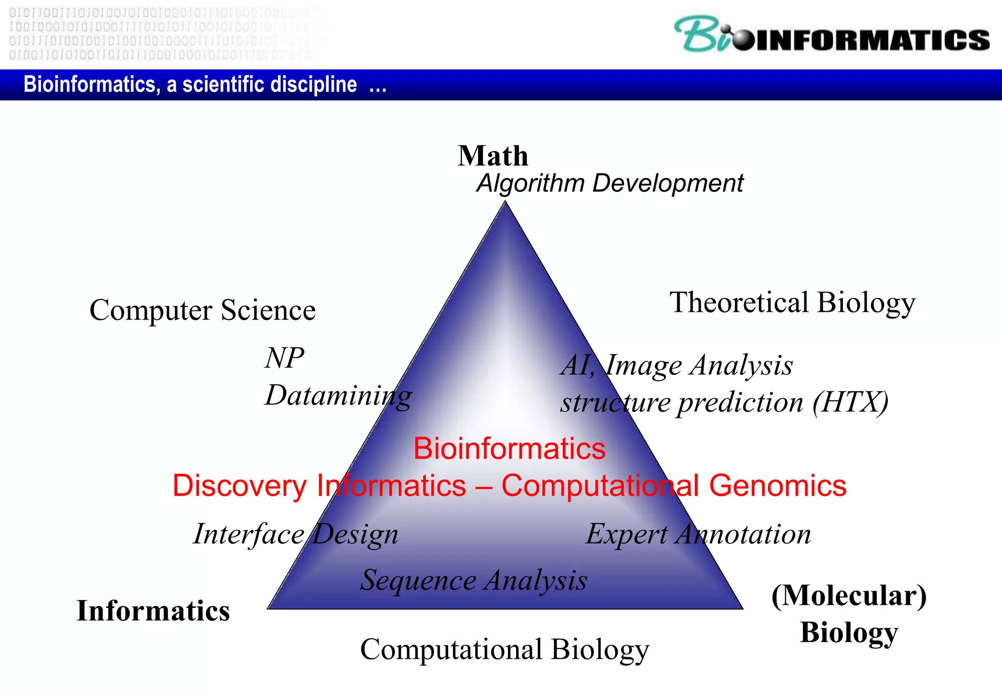 Math 
Algorithm Development 
Bioinformatics, a scientific discipline … 
Interface Design 
Informatics 
Theoretical Biology 
AI, Image Analysis 
structure prediction (HTX) 
Expert Annotation 
Sequence Analysis 
Computational Biology 
(Molecular) 
Biology 
Computer Science 
NP 
Datamining 
Bioinformatics 
Discovery Informatics – Computational Genomics 
 