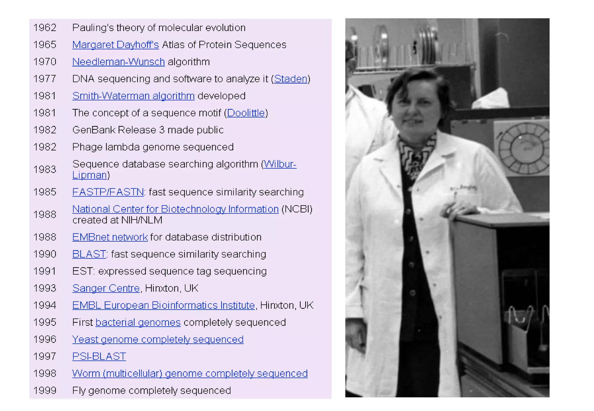 • Timelin: Magaret 
Dayhoff … 
 