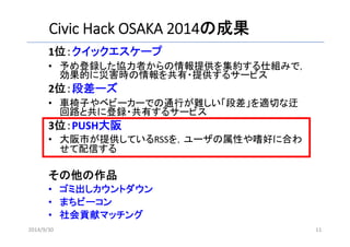Civic Hack OSAKA 2014の成果 
1位：クイックエスケープ 
• 予め登録した協力者からの情報提供を集約する仕組みで， 
効果的に災害時の情報を共有・提供するサービス 
2位：段差ーズ 
• 車椅子やベビーカーでの通行が難しい「段差」を適切な迂 
回路と共に登録・共有するサービス 
3位：PUSH大阪 
• 大阪市が提供しているRSSを，ユーザの属性や嗜好に合わ 
せて配信する 
その他の作品 
• ゴミ出しカウントダウン 
• まちビーコン 
• 社会貢献マッチング 
2014/9/30 11 
 