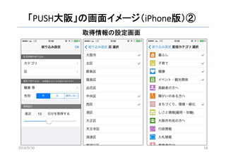 「PUSH大阪」の画面イメージ（iPhone版）② 
取得情報の設定画面 
2014/9/30 18 
 