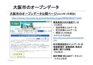 大阪市のオープンデータ 
大阪市のオープンデータ公開ページ[2014年1月開設] 
http://www.city.osaka.lg.jp/toshikeikaku/page/0000246527.html 
緯度経度付きの施設データ 
：CSV形式 
• 施設情報(9,238データ) 
• 防災設備(4,694データ) 
• 標高(18,780地点) 
→イベントでLOD化 
http://lodosaka.jp/OsakaCityMapLOD 
.htm 
防災関連施設ポイントデータ・広 
域避難場所・避難経路・緊急交 
通路に関する情報 
：KMZ形式 
統計情報（約2,000データセット） 
：エクセル形式 
2014/9/30 7 
 