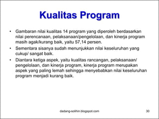8%
19%
41%
57%
63%
76% 74%
0% 3% 0% 3%
18%
30%
61%
0,70% 0,69% 2,87% 2,97% 5,73%
11,61%
24,94%
0%
10%
20%
30%
40%
50%
60%
70%
80%
2007 2008 2009 2010 2011 2012 2013
K/L
Provinsi
Kab/Kota
Opini WTP BPK atas Laporan Keuangan
5,83
6,84 6,64 6,16
7,07 6,86 7,37
6,69
6,46
5,26
6,00
6,32
6,82
0
1
2
3
4
5
6
7
8
2007 2008 2009 2010 2011 2012 2013
pusat daerah
*skor: 1-10
Skor Integritas Pelayanan Publik
C
Indikator Pelayanan Publik
Kualitas pelayanan publik pusat dan daerah masih perlu ditingkatkan
dadang-solihin.blogspot.com 30
 