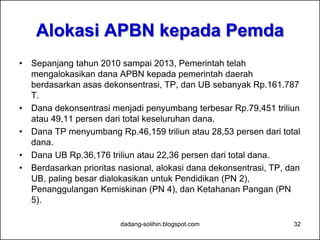 Keterangan: Keterangan:
Skala 0 - 10, 0 (terkorup) - 10 (terbersih) Tahun 2012 terjadi perubahan skala
Sumber: Transparency International, 2013 Skala 0 -100, 0 (terkorup) - 100 (terbersih)
0
500
1000
1500
2000
2500
1 2 3 4 5 6 7 8
Series1
Series2
2 2.2 2.4 2.3
2.6 2.8 2.8 3
0
1
2
3
4
5
6
7
8
9
10
2004 2005 2006 2007 2008 2009 2010 2011
32 32
0
10
20
30
40
50
60
70
80
90
100
2012 2013
KIBI KIBII
Perkembangan Skor IPK Indonesia Tahun 2004-2013
Indikator Penegakan Hukum
Penegakan anti korupsi membaik, namun perlu percepatan
dadang-solihin.blogspot.com 32
 