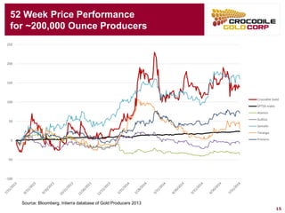 15 
52 Week Price Performance 
for ~200,000 Ounce Producers 
Source: Bloomberg, Intierradatabase of Gold Producers 2013 
-100 
-50 
0 
50 
100 
150 
200 
250 
Crocodile Gold 
SPTSX Index 
Alamos 
AuRico 
Semafo 
Teranga 
Primero  