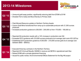 2013-14 Milestones 
4 
Q2 ‘13 
•Unwound gold swap position, significantly reducing debt from $70M to $11M 
•Divested Tom’s Gully and Mount Bundy to Primary Gold 
Q3 ‘13 
•Filed MineralResource update on Northern Territory Assets 
•CosmoGold Mine transitioned from ramp-up to sustainable producer with 21,300 ounces produced 
•Increased productionguidance to 200,000 –205,000 oz from 170,000 –180,000 oz 
Q4 ’13 
•Reported Q3 production results with a 14% increase in production over Q2. 
•Exceeded 2013 guidance with 210,626 ounces produced at an average cash cost of $1,027/oz 
•Established 2014 production guidance of 200,000 –210,000 ounces gold at an average cost between $900 –$950/oz 
Q1 ‘14 
•Executed three key contracts in the Northern Territory 
•Reported 2013 Annual Results: $300M in revenue and $67M in operational cash flow 
•Raised $18M with a private placement financing 
•Issued for public review, the Environmental Effects Statement for the Big Hill project  