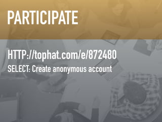!! 
PARTICIPATE 
HTTP://tophat.com/e/872480 
SELECT: Create anonymous account 
 